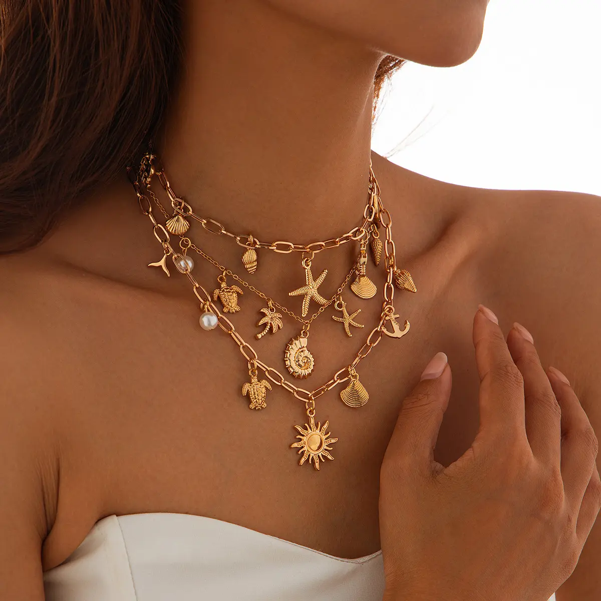 Retro Reluster Charm Neck For Women Evil Eye Cross Metal Necklace Ocean Element Shell Starfish Pendant Neck Chain Jewelry Chain