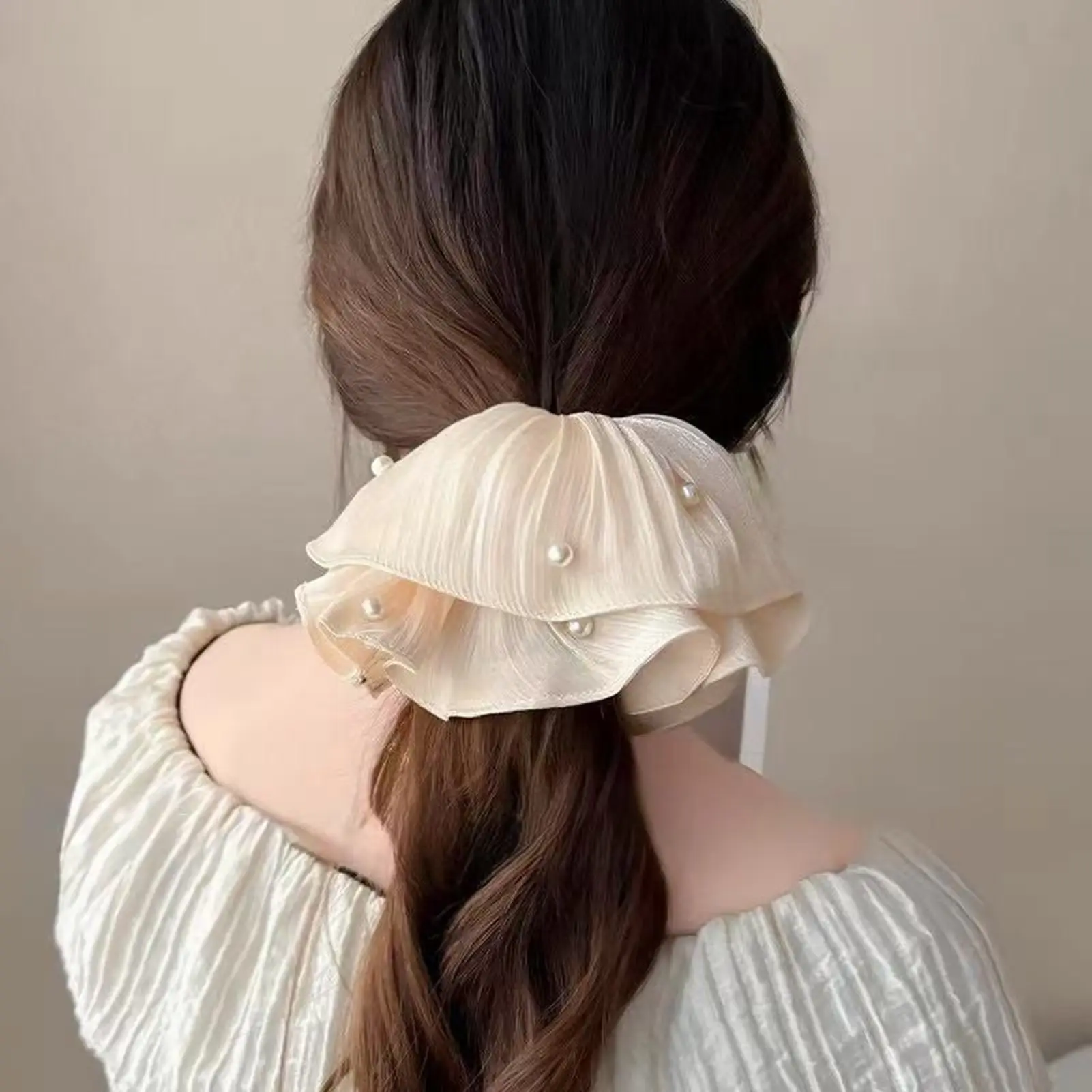Sweety Romantic Gauze Hair Rope For Women Flowing Gauze Pearl Large Intestine Hair Ring Girls Fashion Elegant Hair Accessories