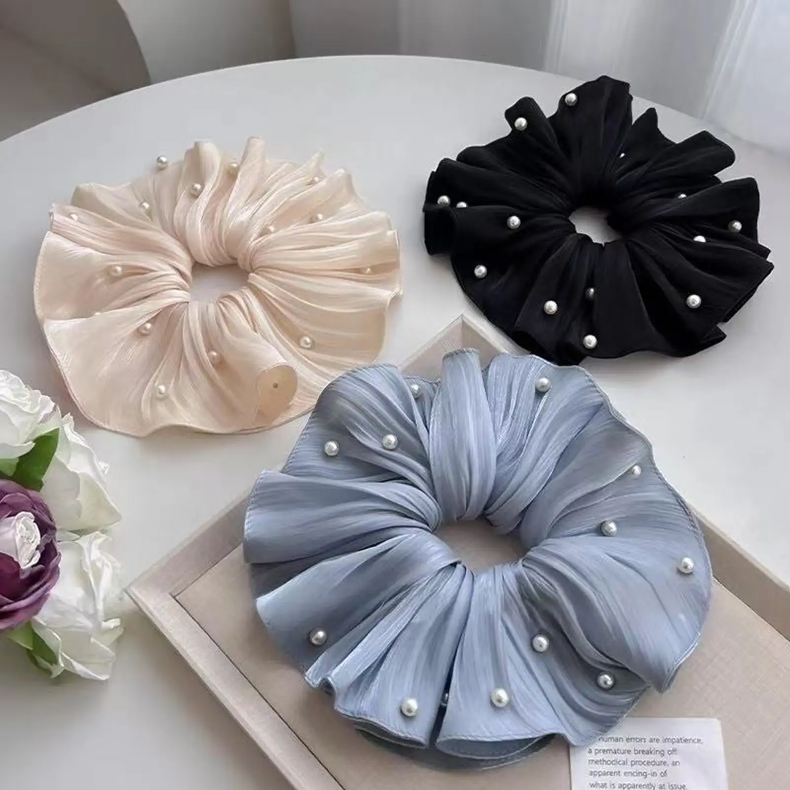Sweety Romantic Gauze Hair Rope For Women Flowing Gauze Pearl Large Intestine Hair Ring Girls Fashion Elegant Hair Accessories