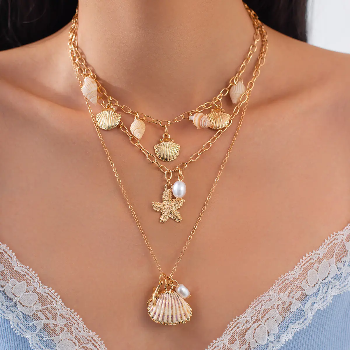 Retro Reluster Charm Neck For Women Evil Eye Cross Metal Necklace Ocean Element Shell Starfish Pendant Neck Chain Jewelry Chain