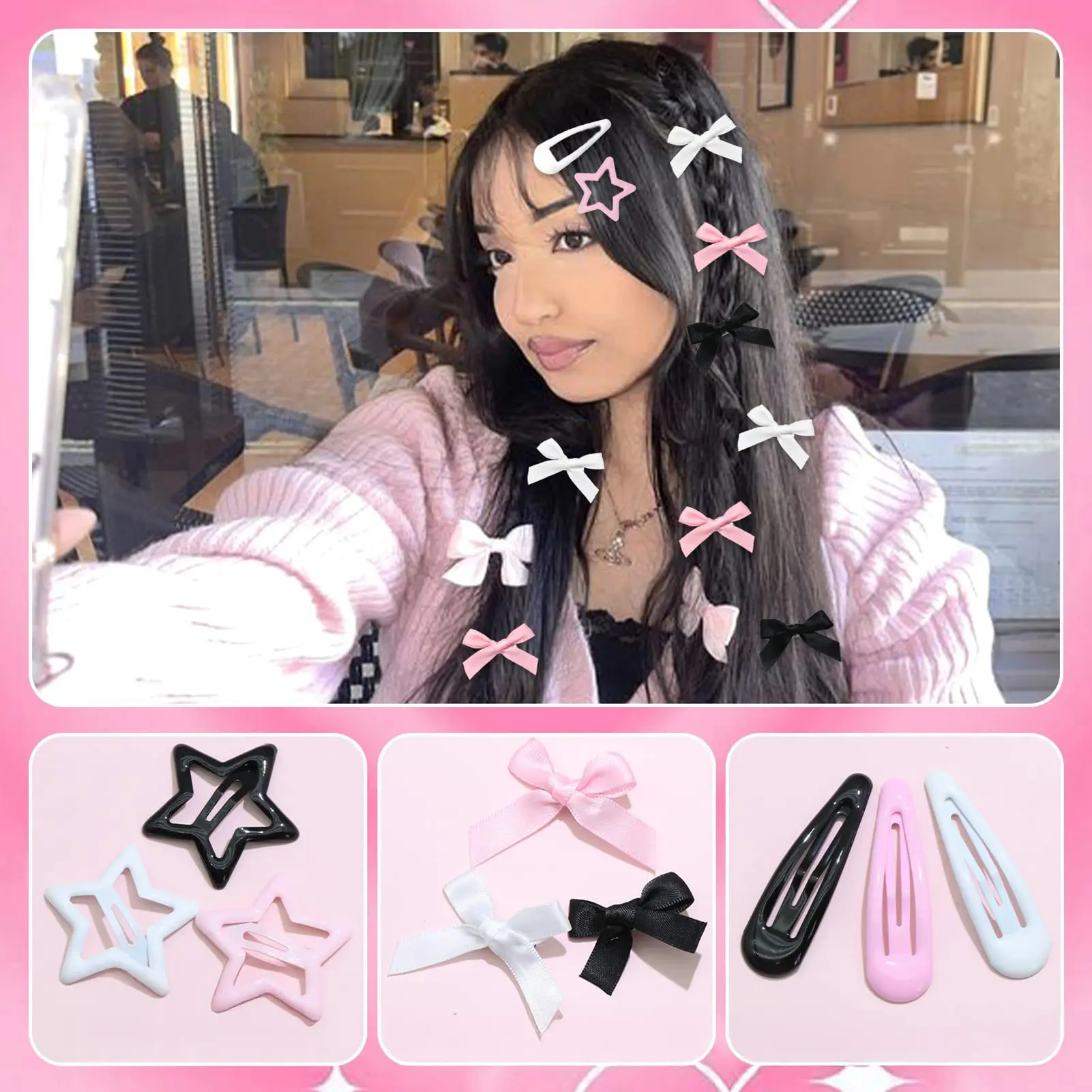 36pcs Y2K Style Hair Clips For Women Pink Black Bowknot Star BB Clip Set Kpop Popular Hairpins Trendy Girls Hair Accessories