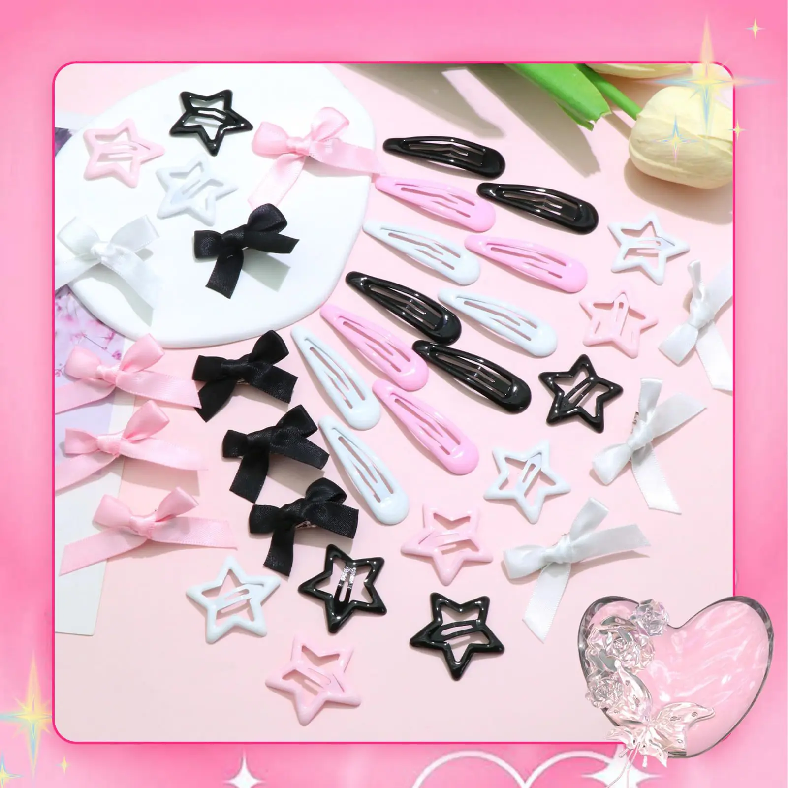 36pcs Y2K Style Hair Clips For Women Pink Black Bowknot Star BB Clip Set Kpop Popular Hairpins Trendy Girls Hair Accessories