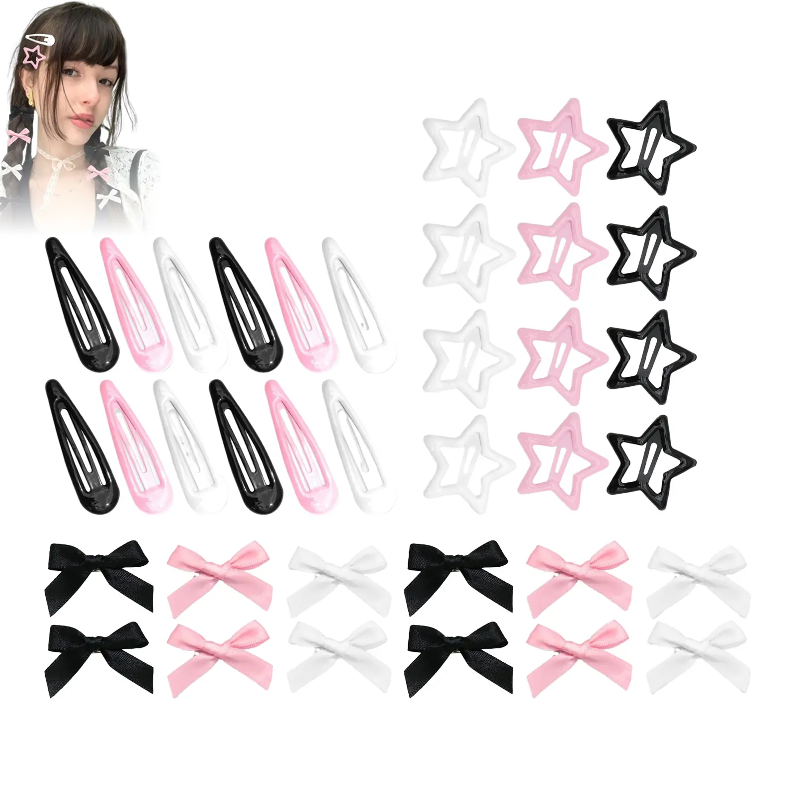 36pcs Y2K Style Hair Clips For Women Pink Black Bowknot Star BB Clip Set Kpop Popular Hairpins Trendy Girls Hair Accessories