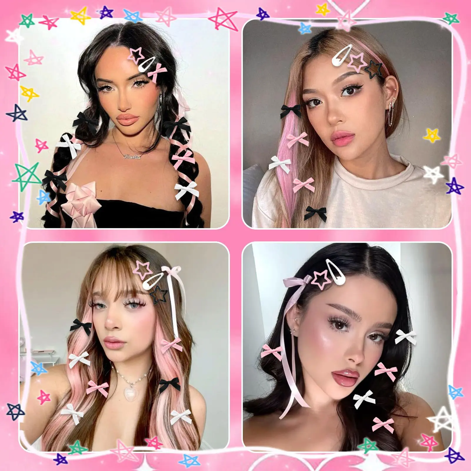 36pcs Y2K Style Hair Clips For Women Pink Black Bowknot Star BB Clip Set Kpop Popular Hairpins Trendy Girls Hair Accessories