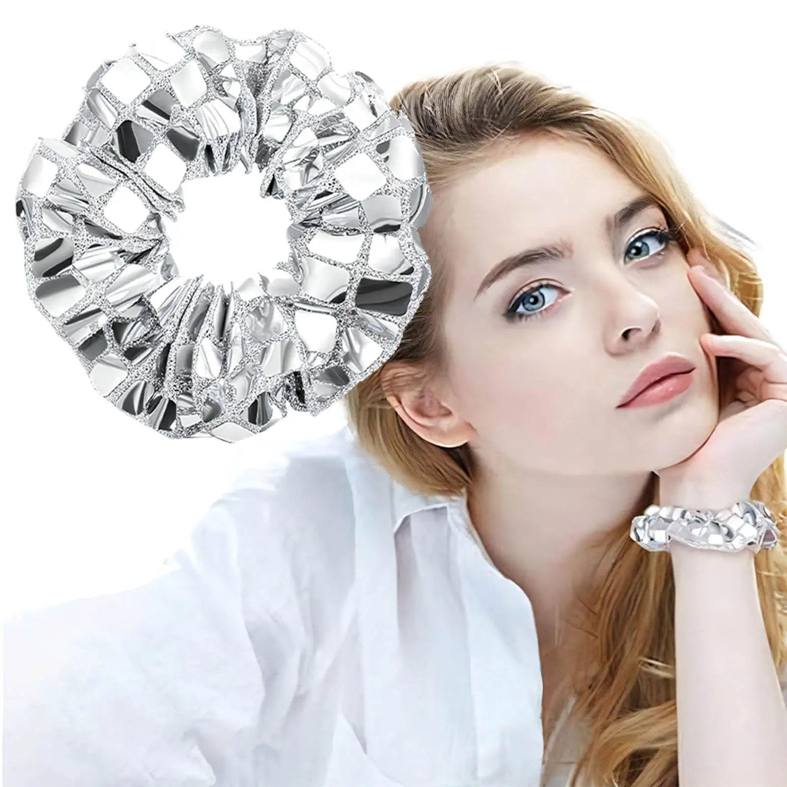 1/6pcs Explosive Flash Hair Ring Creative Retro Disco High Ponytail Headband For Women Vintage Silver Square Sequin Hair Ties