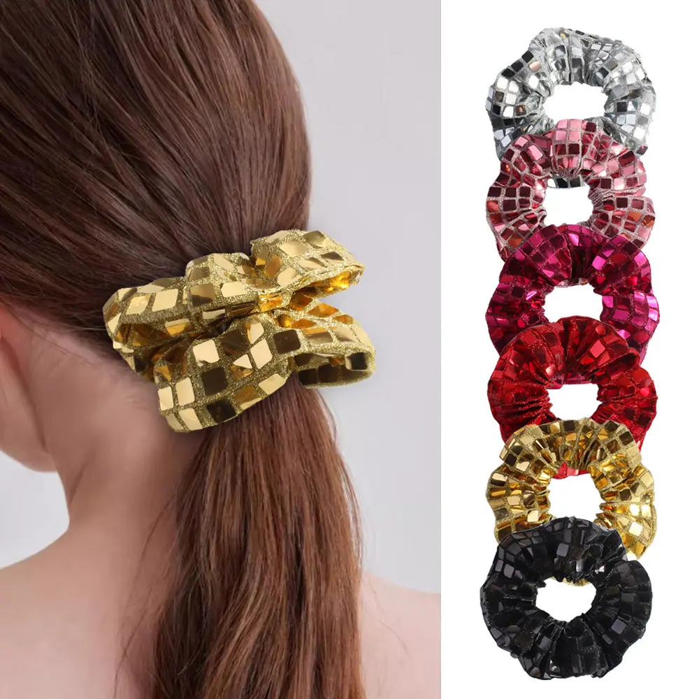 1/6pcs Explosive Flash Hair Ring Creative Retro Disco High Ponytail Headband For Women Vintage Silver Square Sequin Hair Ties