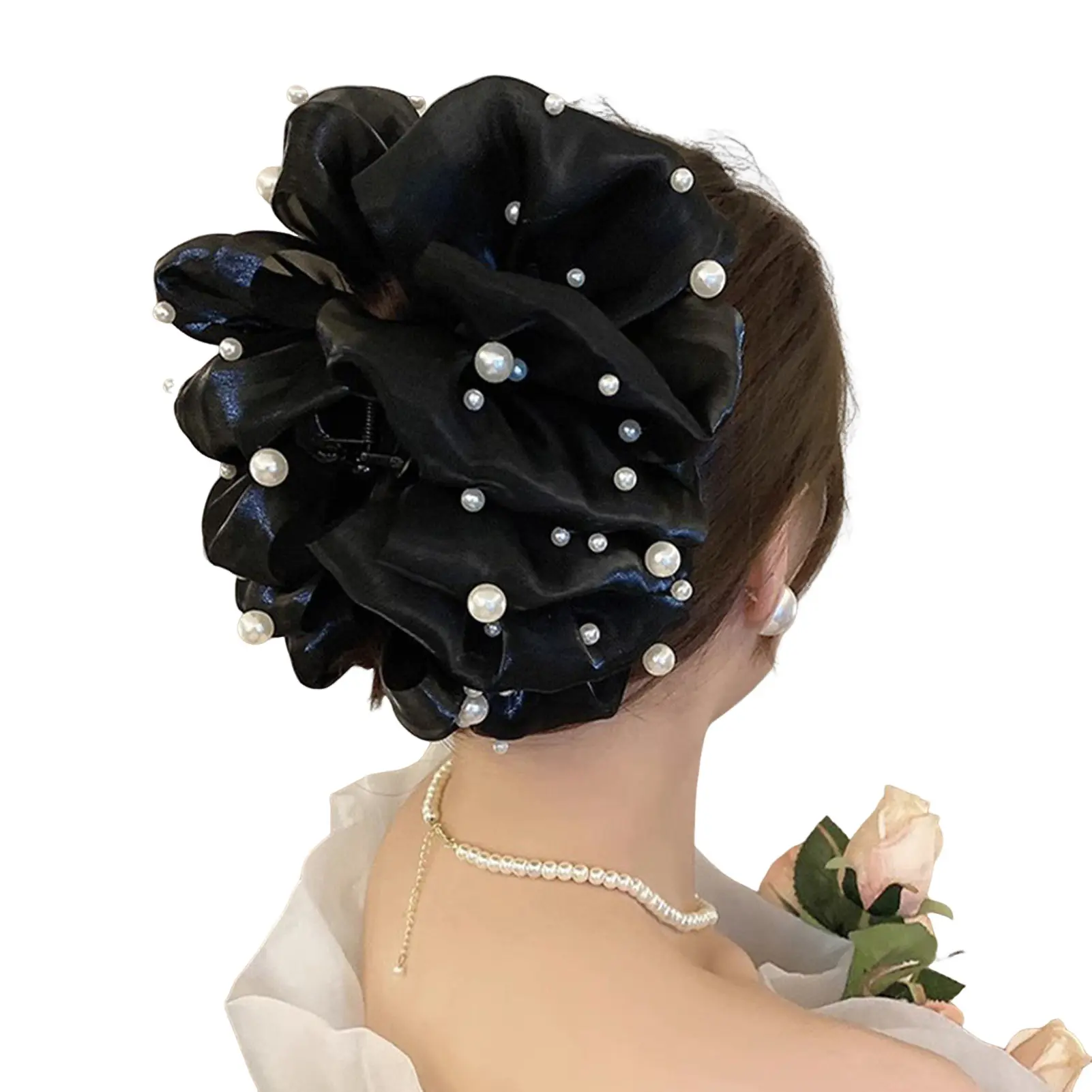 New Hair Claw For Women Large Pearl Pearl Bow Gauze Shark Gripper Claw Elegant Exquisite Updo Hair Clip Girls Hair Accessories