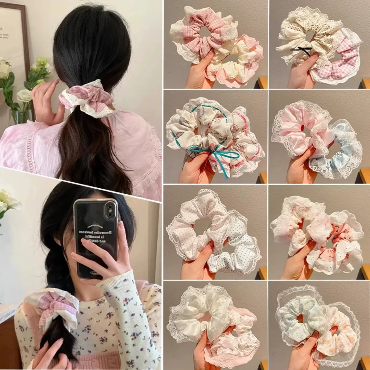 Sweety Lace Hair Rope Cute Polka Dot Graffiti Butterfly Bow Hair Rope Girls Daily Life Fashion Hair Accessories Elastic Band