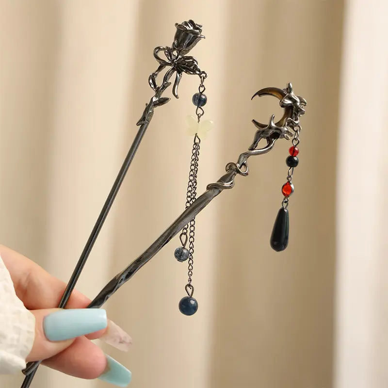 Neo Chinese Style Hairpin Light Luxury Metal Rose Moon Butterfly Element Hair Stick For Women Hanfu Horse-face Skirt Hairpin