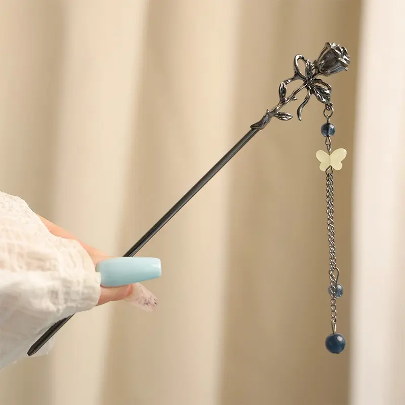 Neo Chinese Style Hairpin Light Luxury Metal Rose Moon Butterfly Element Hair Stick For Women Hanfu Horse-face Skirt Hairpin