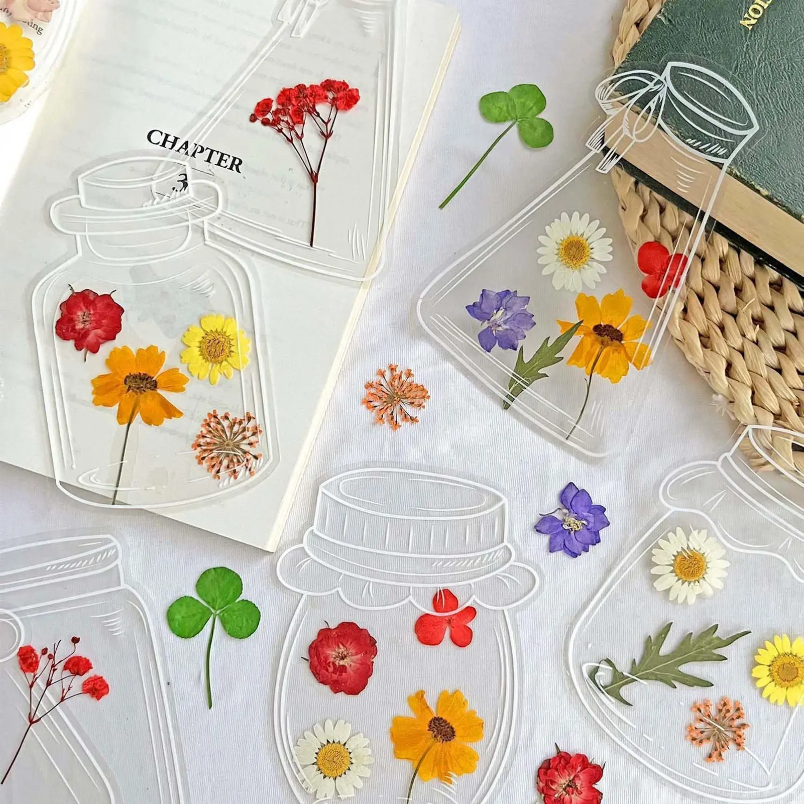 40pcs Transparent DIY Bookmark Cartoon Jar Shaped Dried Flower Bookmark Set Handmade Flower Specimen Making Decoration Bookmarks