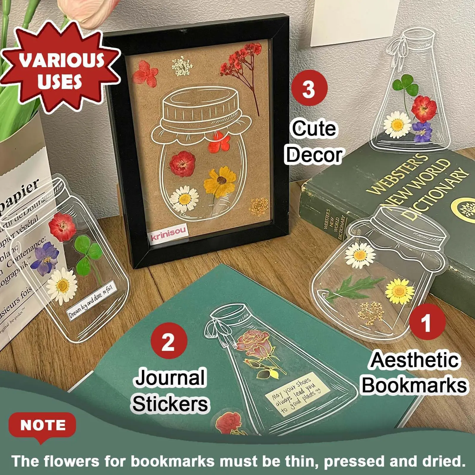 40pcs Transparent DIY Bookmark Cartoon Jar Shaped Dried Flower Bookmark Set Handmade Flower Specimen Making Decoration Bookmarks