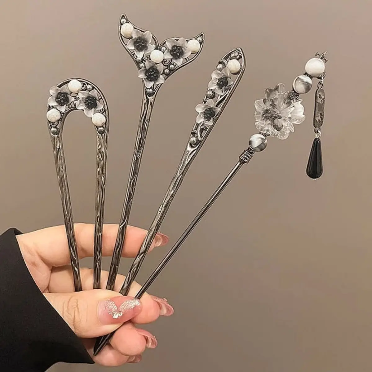 Neo-chinese Style Flower Hairpin Ink Colored Flower Tassel Hair Stick For Women Elegant Exquisite Metal Jewelry Hair Accessory