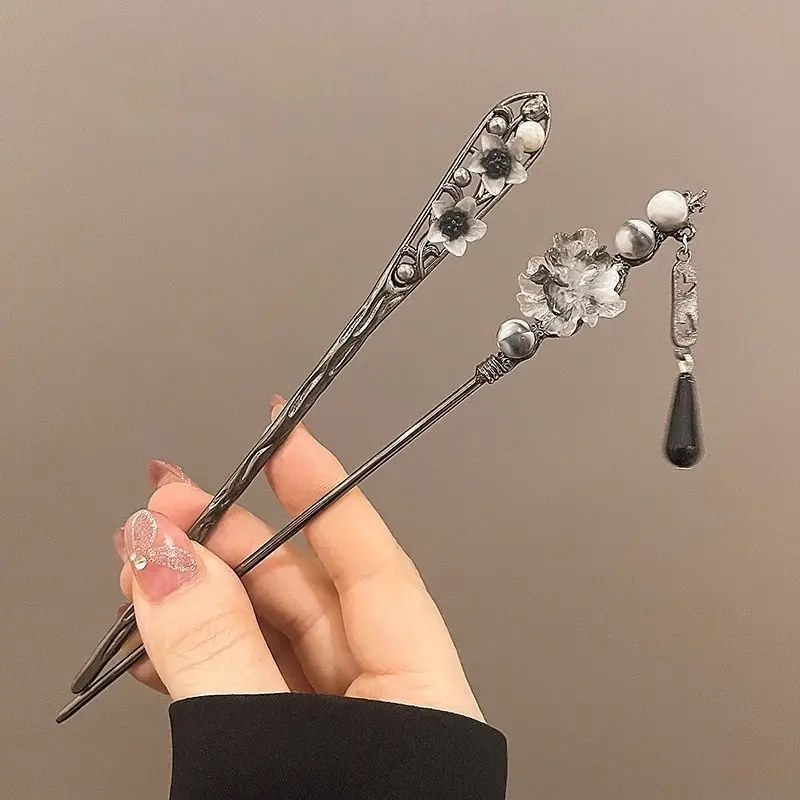 Neo-chinese Style Flower Hairpin Ink Colored Flower Tassel Hair Stick For Women Elegant Exquisite Metal Jewelry Hair Accessory