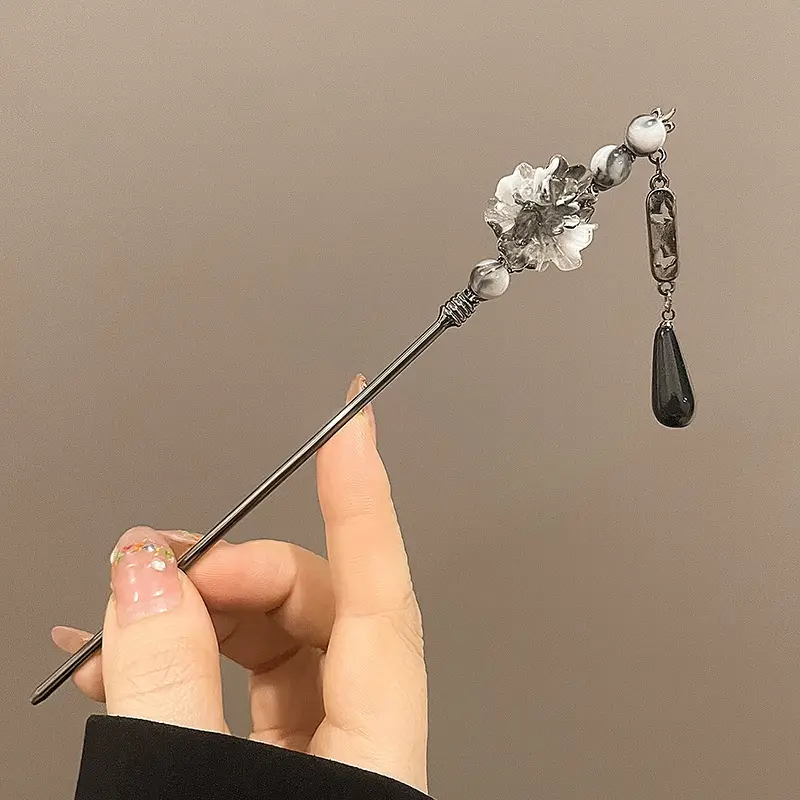 Neo-chinese Style Flower Hairpin Ink Colored Flower Tassel Hair Stick For Women Elegant Exquisite Metal Jewelry Hair Accessory