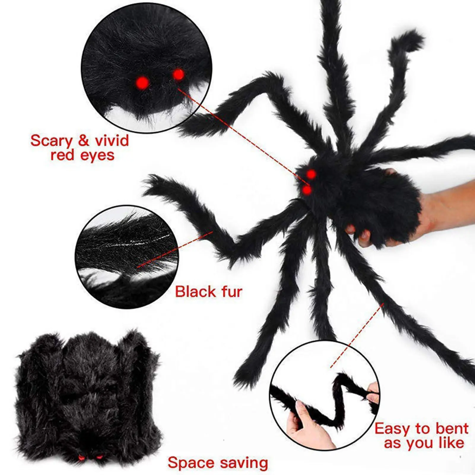 90/150cm Halloween Spider Ornament Black Soft Plush Spider Ornament Indoor Outdoor Halloween Party Horror Decoration Props 1pc