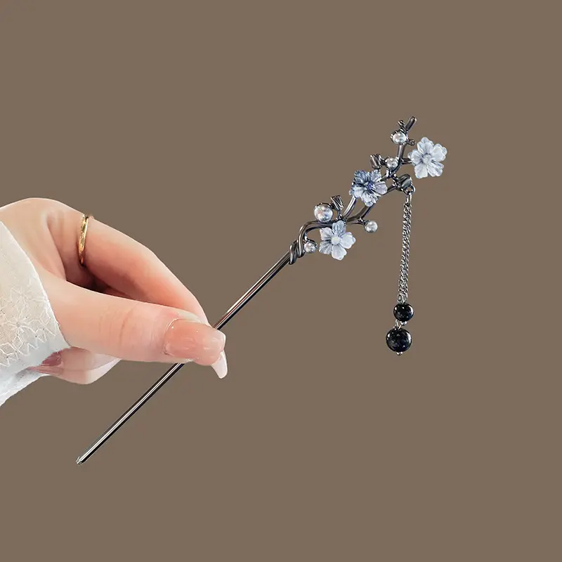 Neo-chinese Style Flower Hairpin Ink Colored Flower Tassel Hair Stick For Women Elegant Exquisite Metal Jewelry Hair Accessory