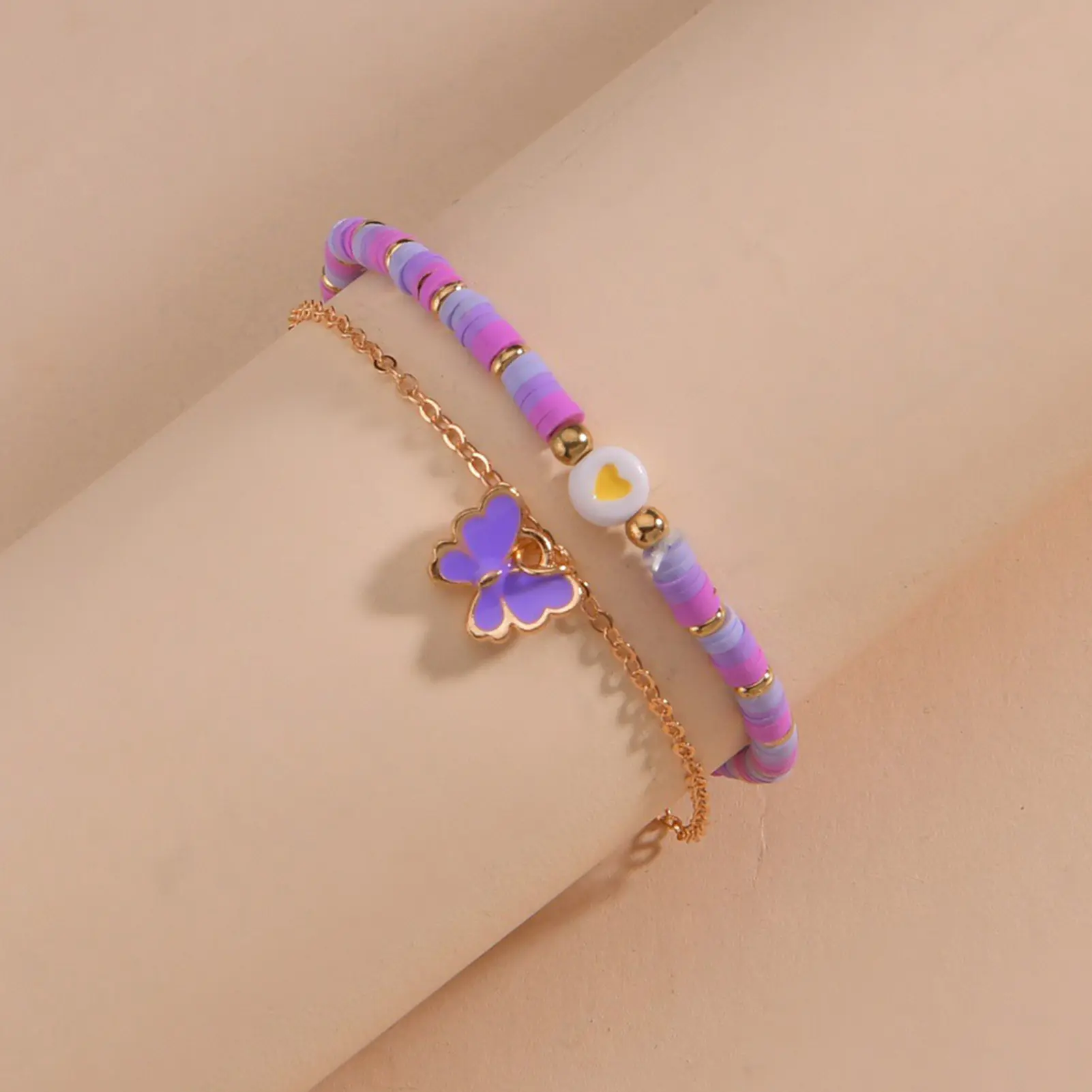 2pcs Girls Anklets Trendy Purple Bead String Butterfly Foot Chain For Women Summer Beach Leg Decoration Chain Jewelry Accessory