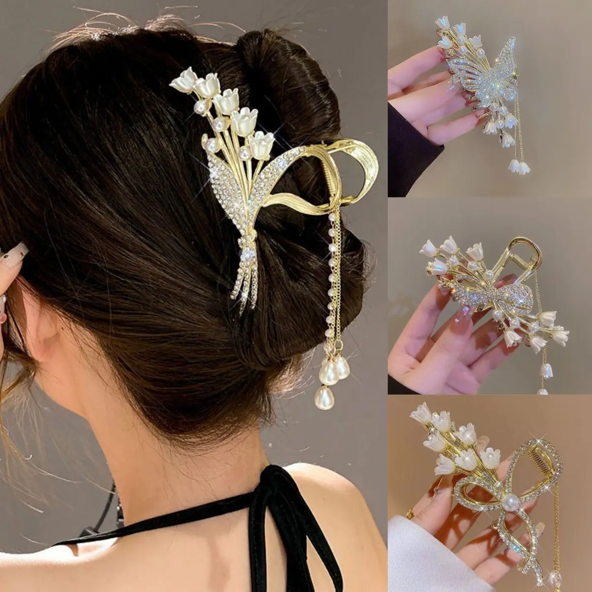 Sweety Butterfly Hair Clips Glitter Rhinestone Flower Tassel Hair Claw For Women Girls Light Luxury Jewelry Hair Accessories