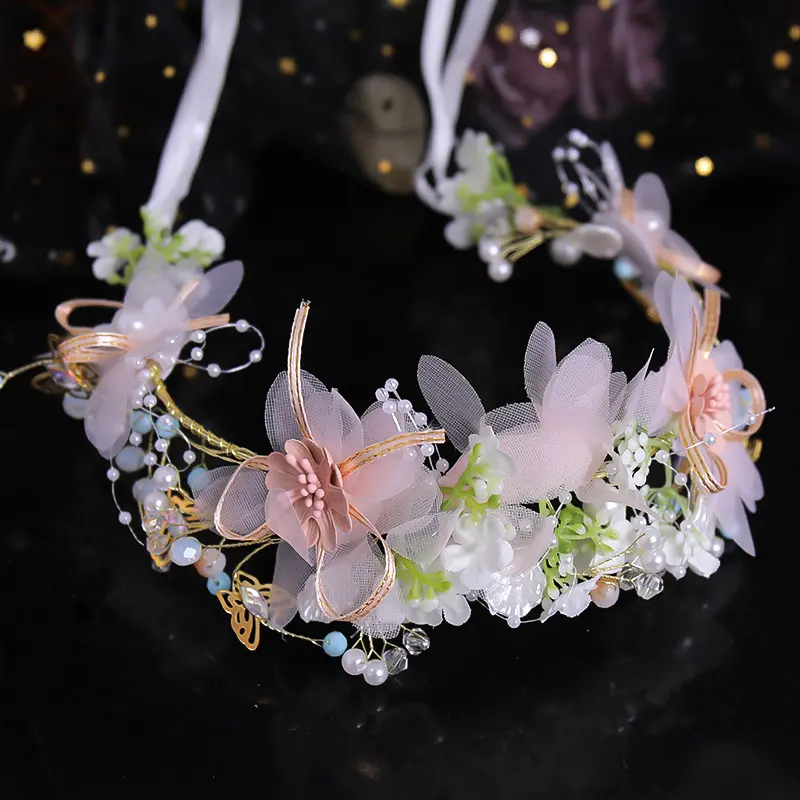 Sweety Fairy Flower Crown Forest Style Pink Flower Pearl Wreath Wristband For Women Girls Wedding Performance Hair Accessories