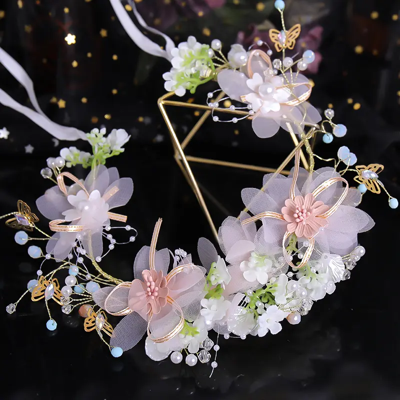 Sweety Fairy Flower Crown Forest Style Pink Flower Pearl Wreath Wristband For Women Girls Wedding Performance Hair Accessories