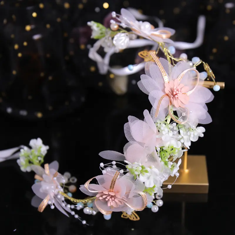 Sweety Fairy Flower Crown Forest Style Pink Flower Pearl Wreath Wristband For Women Girls Wedding Performance Hair Accessories