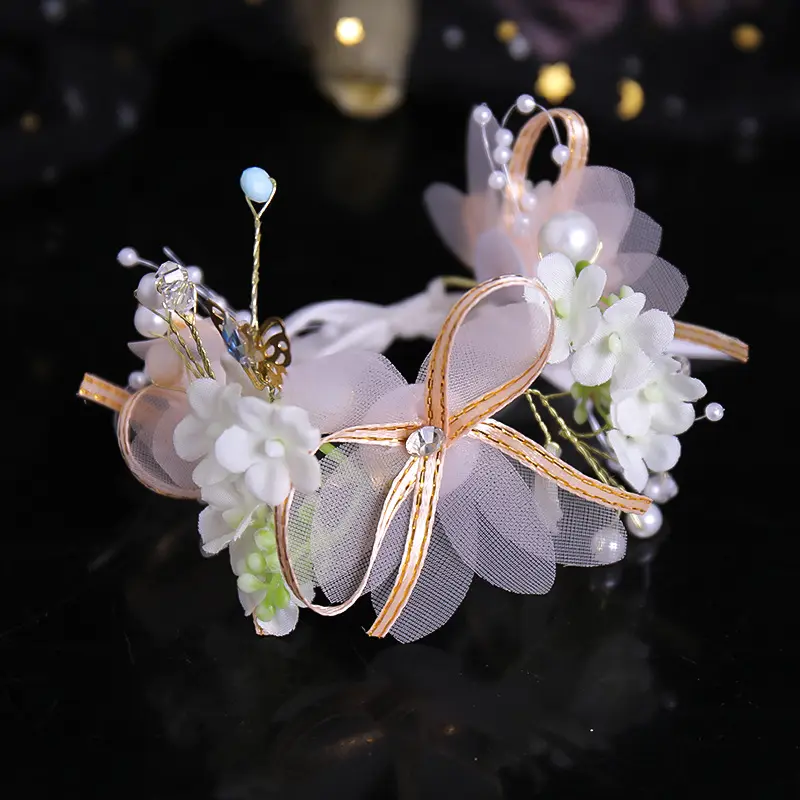 Sweety Fairy Flower Crown Forest Style Pink Flower Pearl Wreath Wristband For Women Girls Wedding Performance Hair Accessories