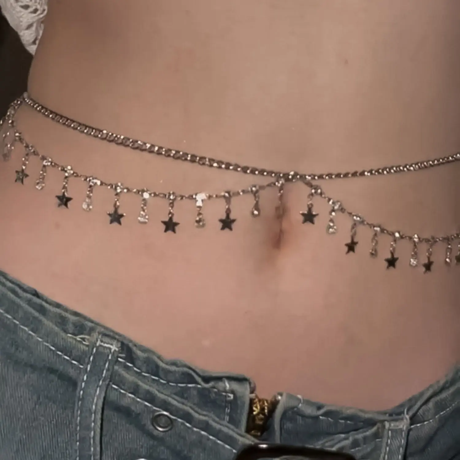 Y2K Glitter Waist Chain Sexy Multi Layer Chain Belly Belt For Women Star Tassel Design Summer Beach Bikini Body Jewelry Chain