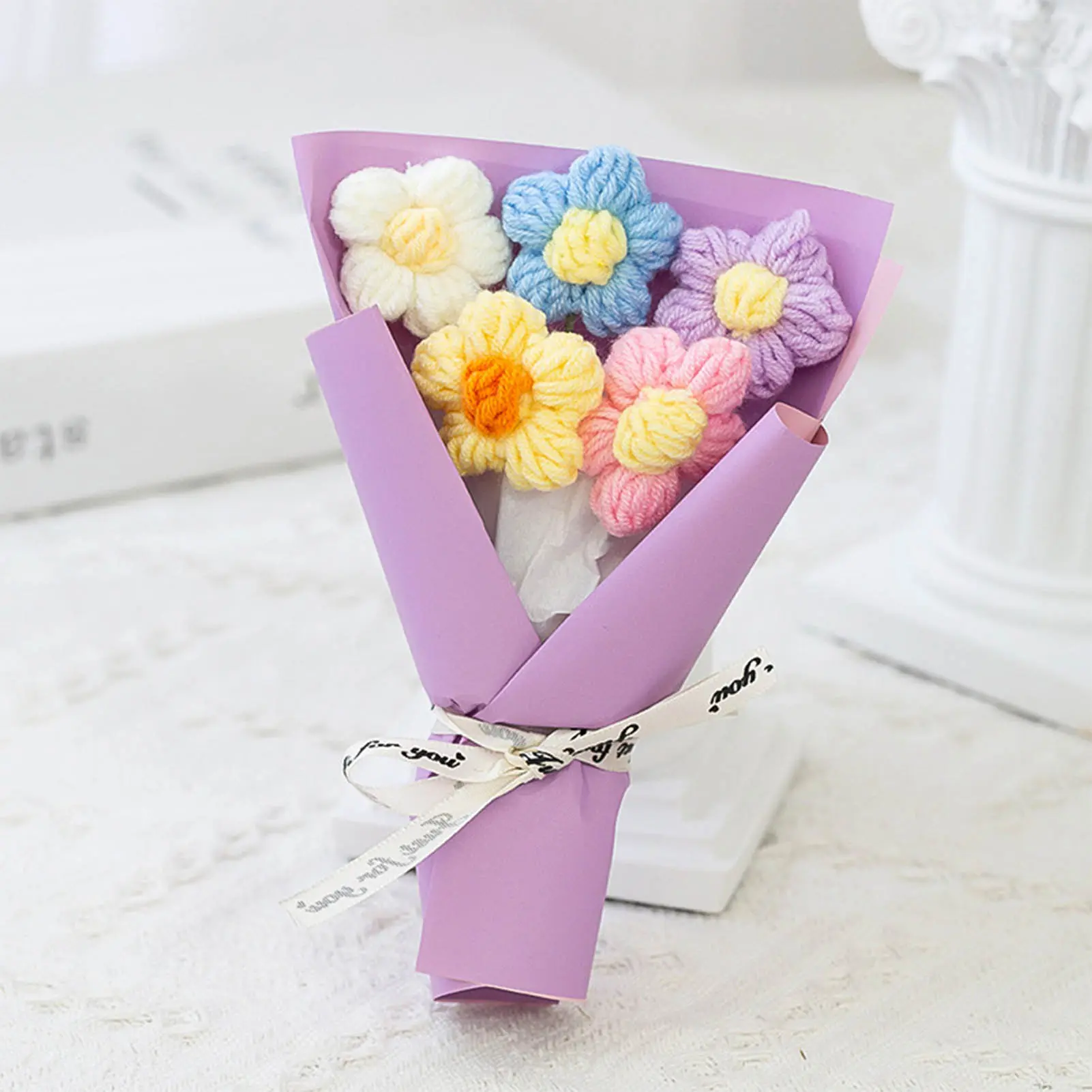 Hand Woven Flower Bouquet Mini Crochet Yarn Bouquet For Wedding Party Graduation Ceremony Gift Lovely Decoration Puff Bouquet
