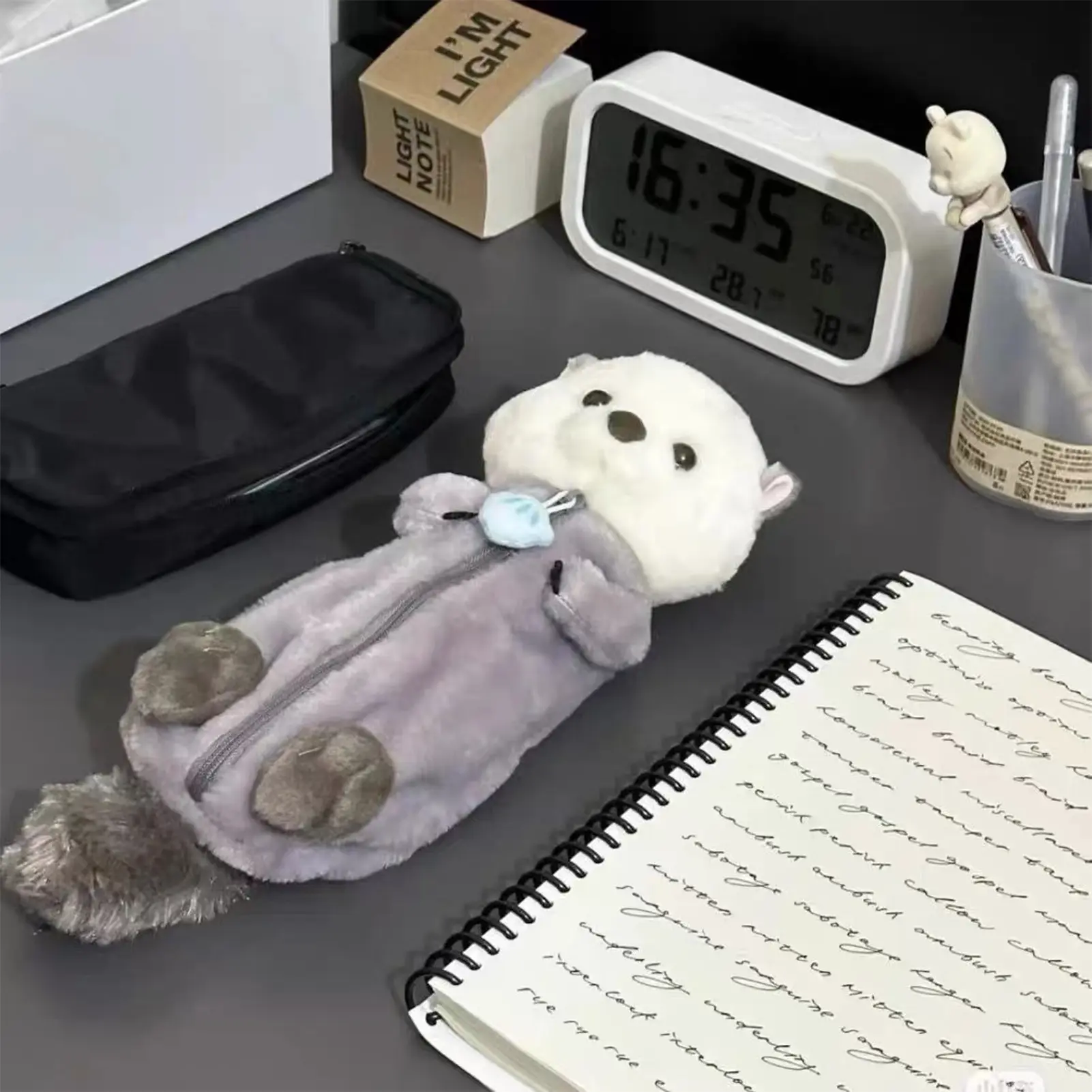 INS Cartoon Plush Pencil Bag Creative Sea Otter Shape Large Capacity Pencil Case Cute Velvet Pencil Case Student Stationery