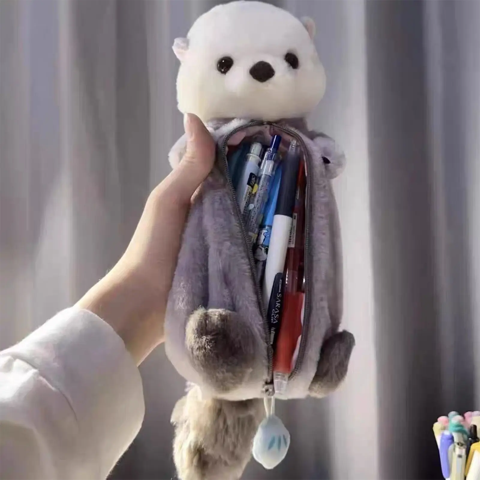 INS Cartoon Plush Pencil Bag Creative Sea Otter Shape Large Capacity Pencil Case Cute Velvet Pencil Case Student Stationery