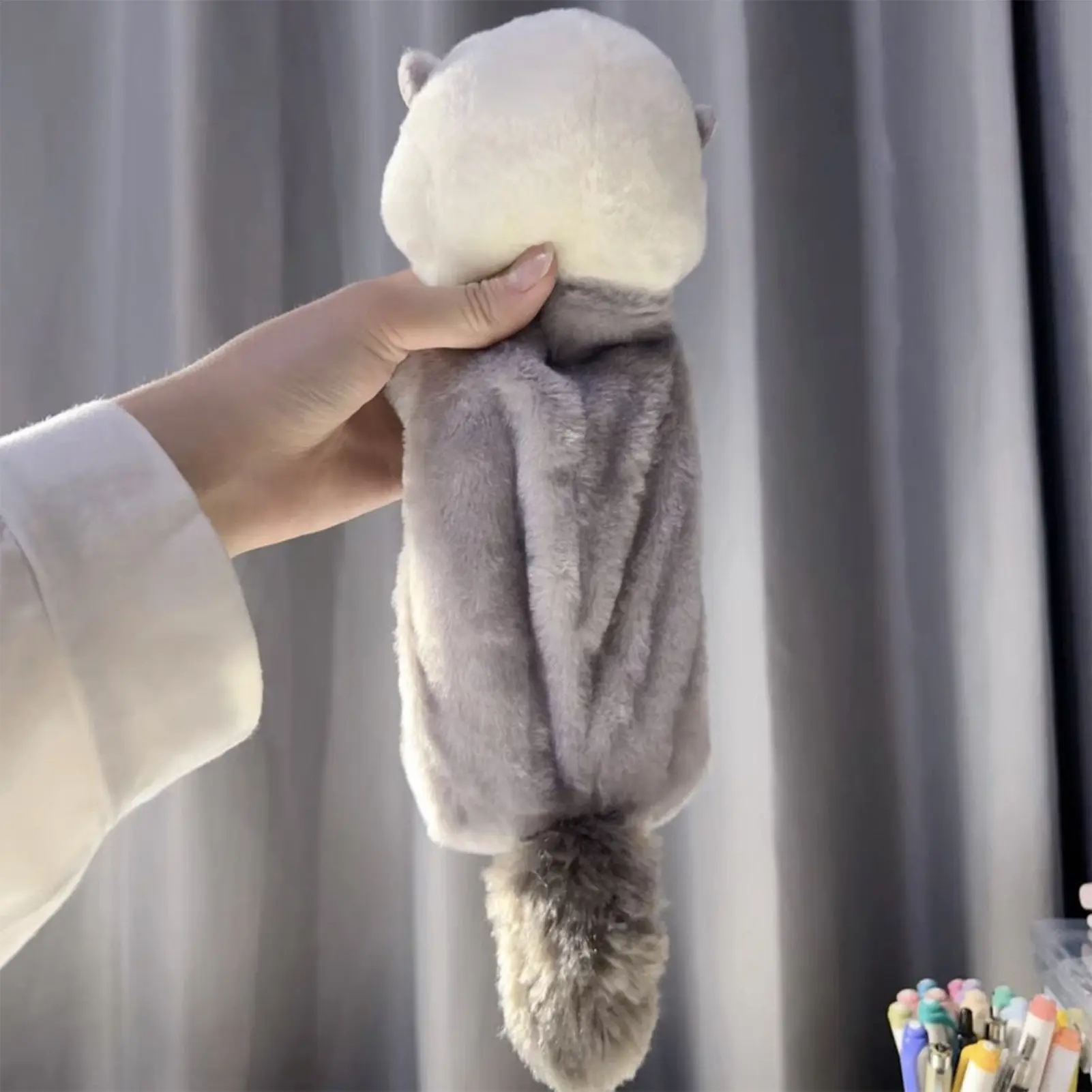 INS Cartoon Plush Pencil Bag Creative Sea Otter Shape Large Capacity Pencil Case Cute Velvet Pencil Case Student Stationery