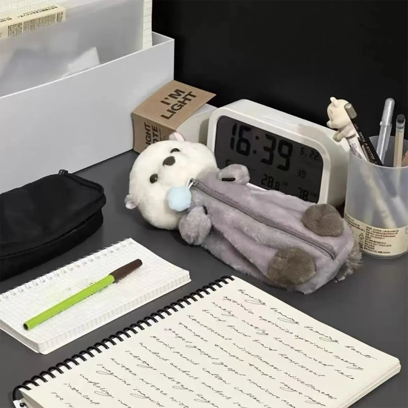 INS Cartoon Plush Pencil Bag Creative Sea Otter Shape Large Capacity Pencil Case Cute Velvet Pencil Case Student Stationery