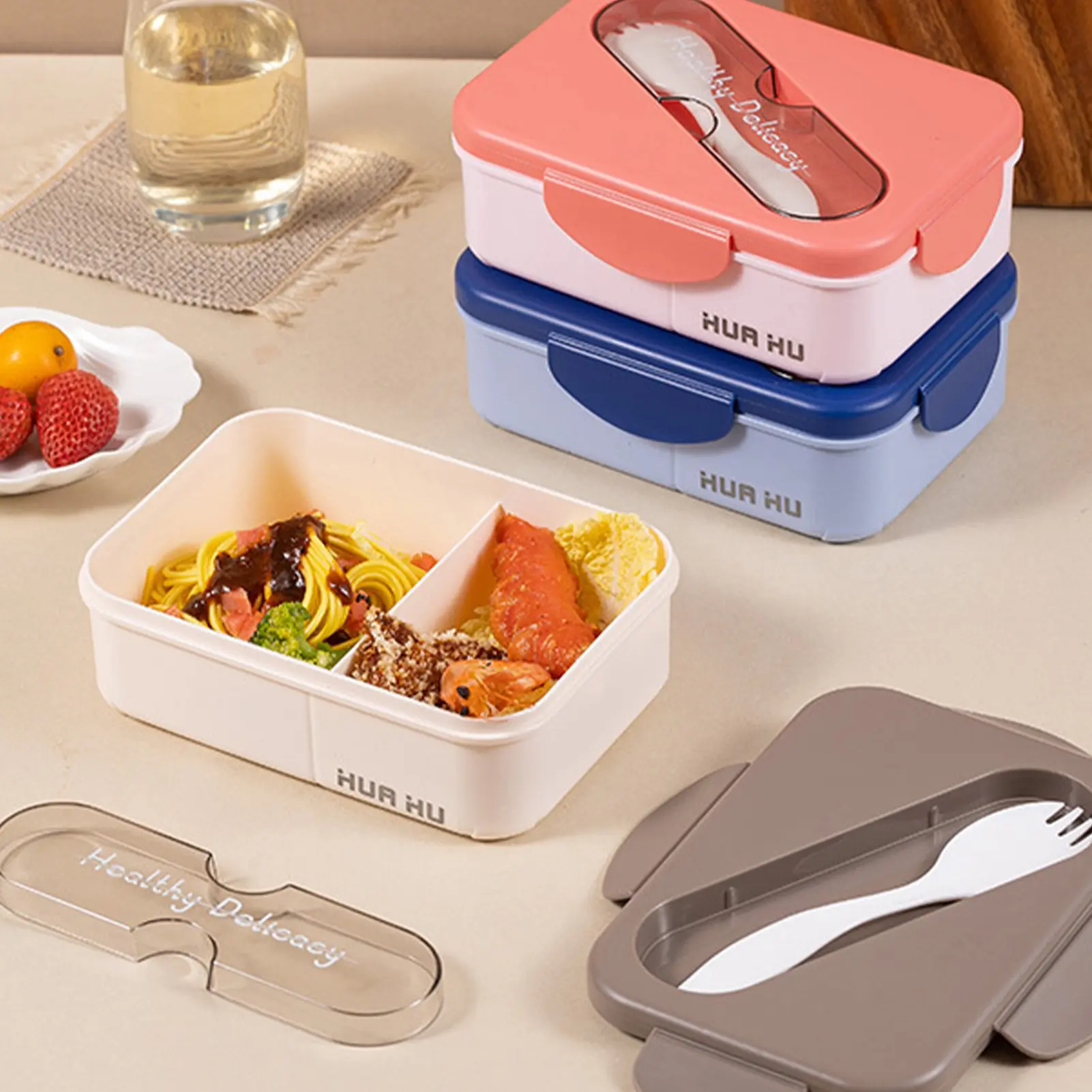 Student Lunch Box With Fork Plastic Snap On Lunch Box For School Company Picnic Use Microwave Heatable Bento Box Kitchenwares
