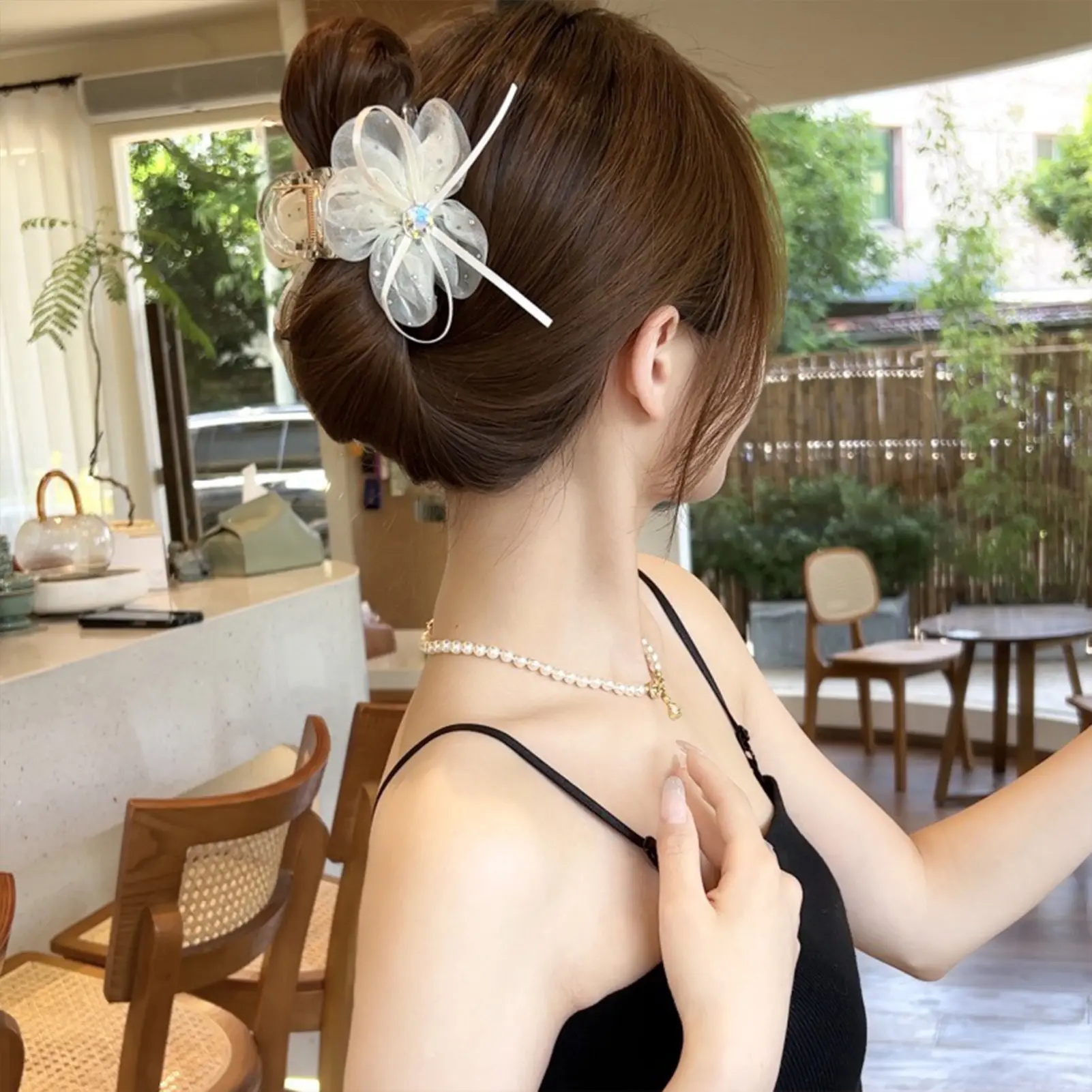 Trendy Rose Hair Claw Korean Style Sweety Flower Hair Clip Handmade Gauze Floral Shark Gripper Girls Fashion Hair Accessories