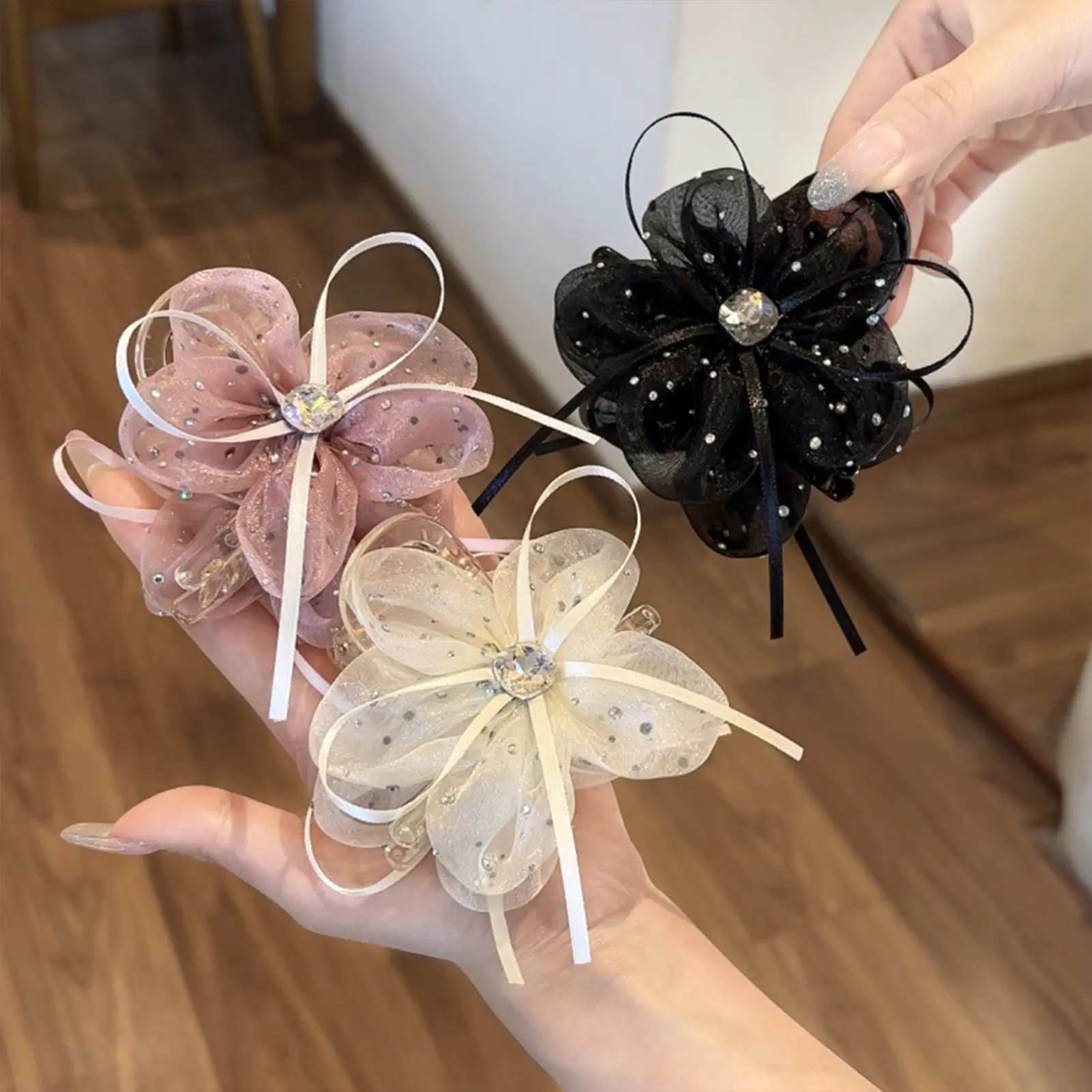 Trendy Rose Hair Claw Korean Style Sweety Flower Hair Clip Handmade Gauze Floral Shark Gripper Girls Fashion Hair Accessories