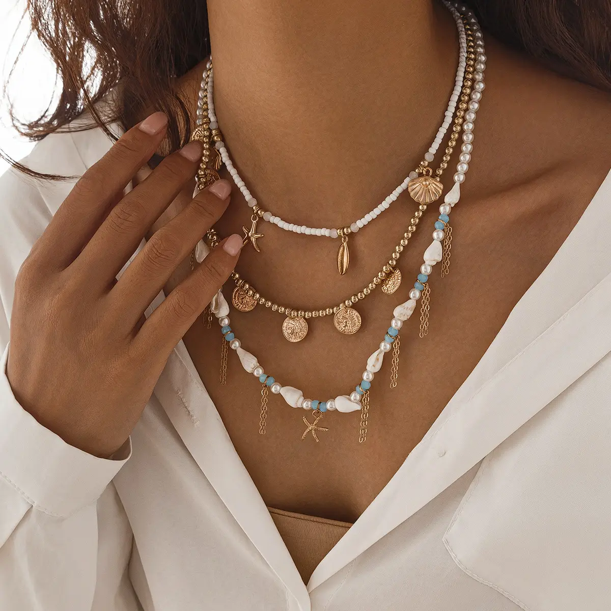 INS Style Reluster Pearl Necklace For Women Irregular Shell Starfish Pendant Collarbone Chain Girls Fashion Jewelry Neck Chain