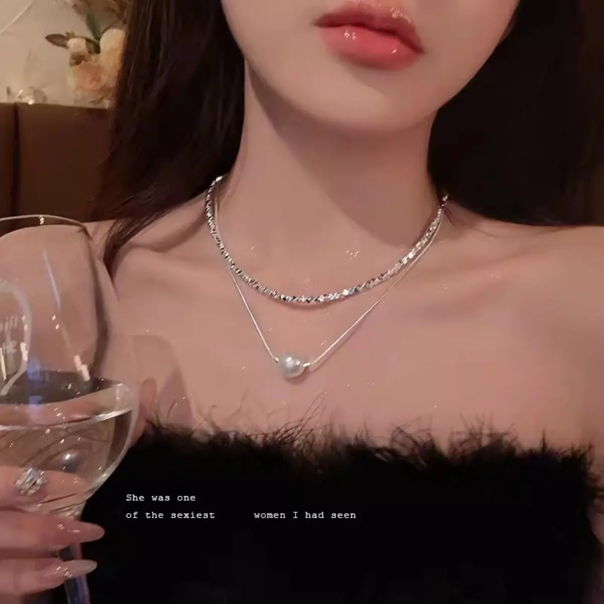 INS Trendy Necklace For Women Light Luxury Pearl Broken Silver Zircon Butterfly Collarbone Chain Fashionable Jewelry Accessories