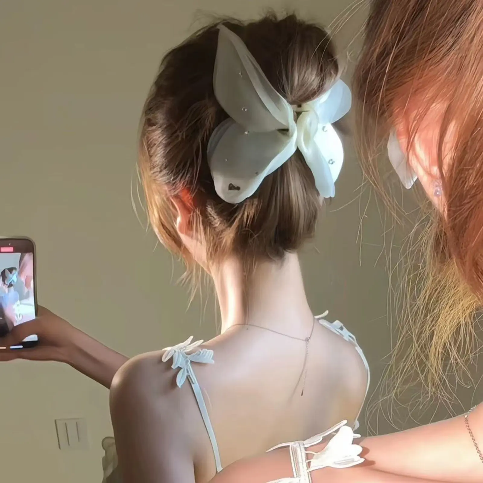 Sweety Bowknot Hair Clips For Women Elegant Thin Gauze With Broken Diamonds Bow Hair Claw Summer Beach Trendy Hair Accessories