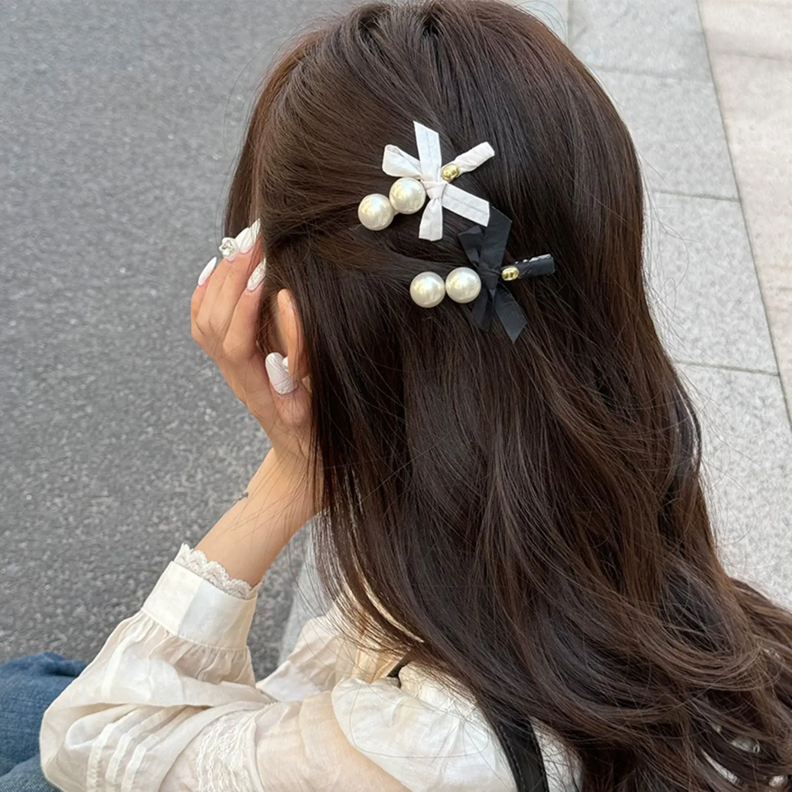 Exquisite Bowknot Hair Clip For Women Fashionable Pearl Bow Barrettes Korean Style Elegant Fabric Hair Girls Hair Accessories