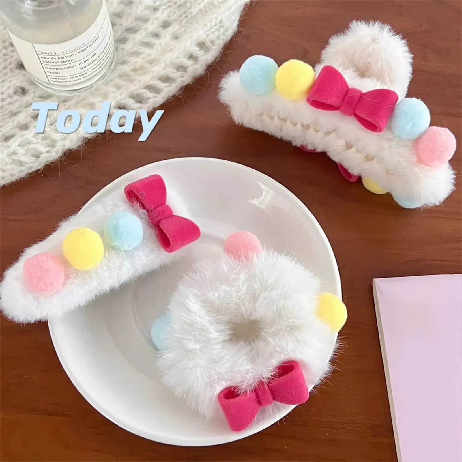 Cartoon Plush Hair Accessories Cute Bowknot Colorful Hair Clip For Women Autumn Winter Kawaii Hair Claw Girls Sweety Hair Rope