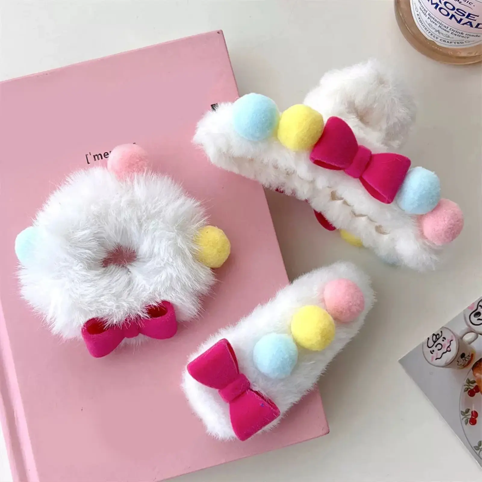 Cartoon Plush Hair Accessories Cute Bowknot Colorful Hair Clip For Women Autumn Winter Kawaii Hair Claw Girls Sweety Hair Rope