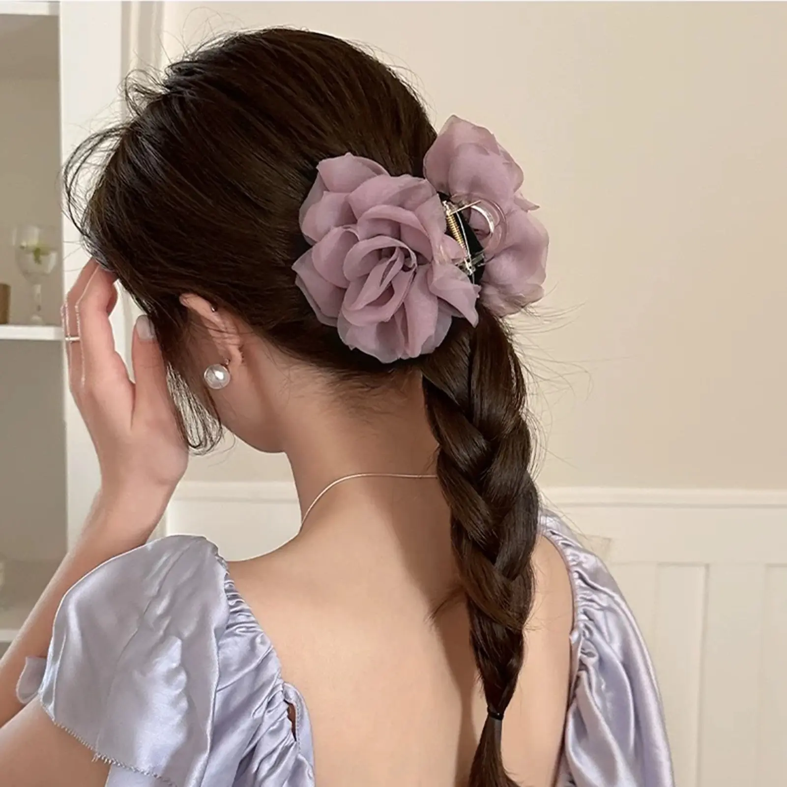 Fashion Flower Hair Claw For Women Gentle Handmade Gauze Rose Shark Hair Gripper Girls Daily Life Exquisite Hair Accessories