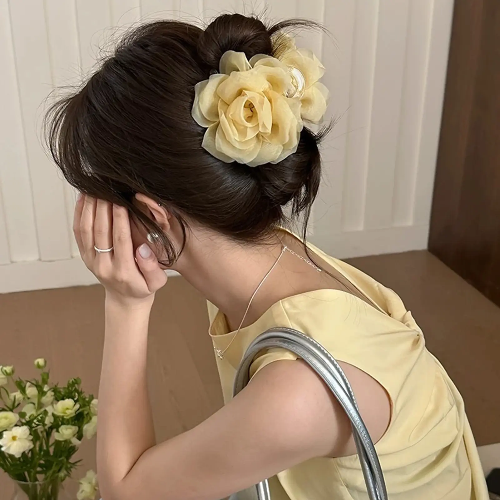 Fashion Flower Hair Claw For Women Gentle Handmade Gauze Rose Shark Hair Gripper Girls Daily Life Exquisite Hair Accessories
