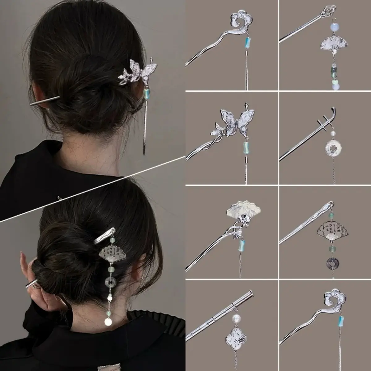 Fashion Metal Jewelry Hairpin For Women Ink Wash Style Folding Fan Erhu Butterfly Tassel Hair Stick Girls Trendy Hair Accessory