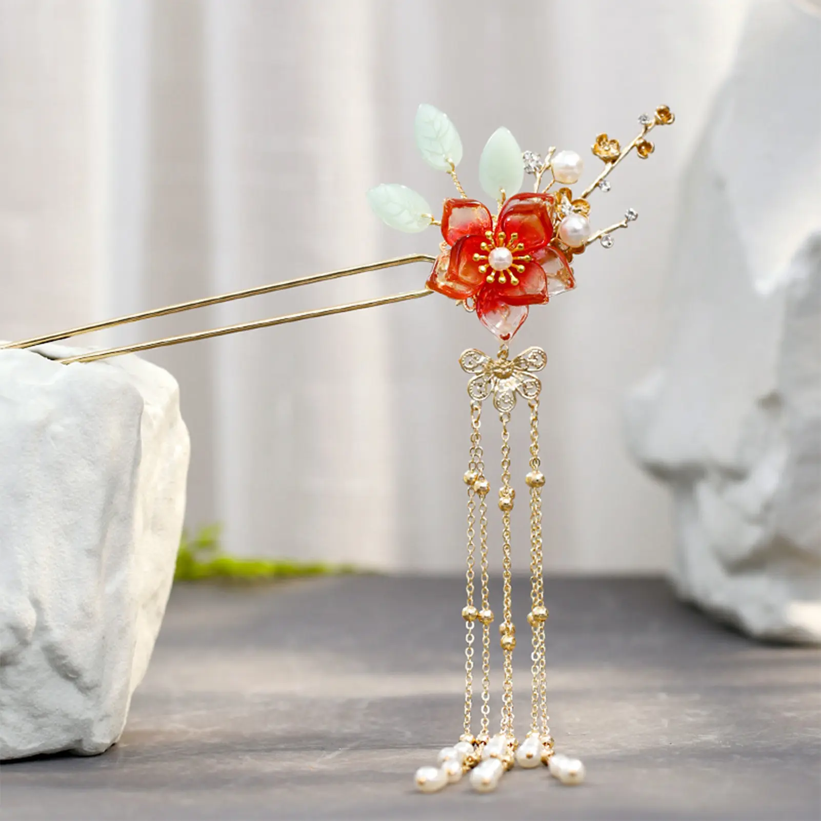Retro Tassel Floral Hairpin For Girls Simulated Jade Flower Hair Sticks Noble Chinese Style Hairpin Metal Jewelry Hair Accessory