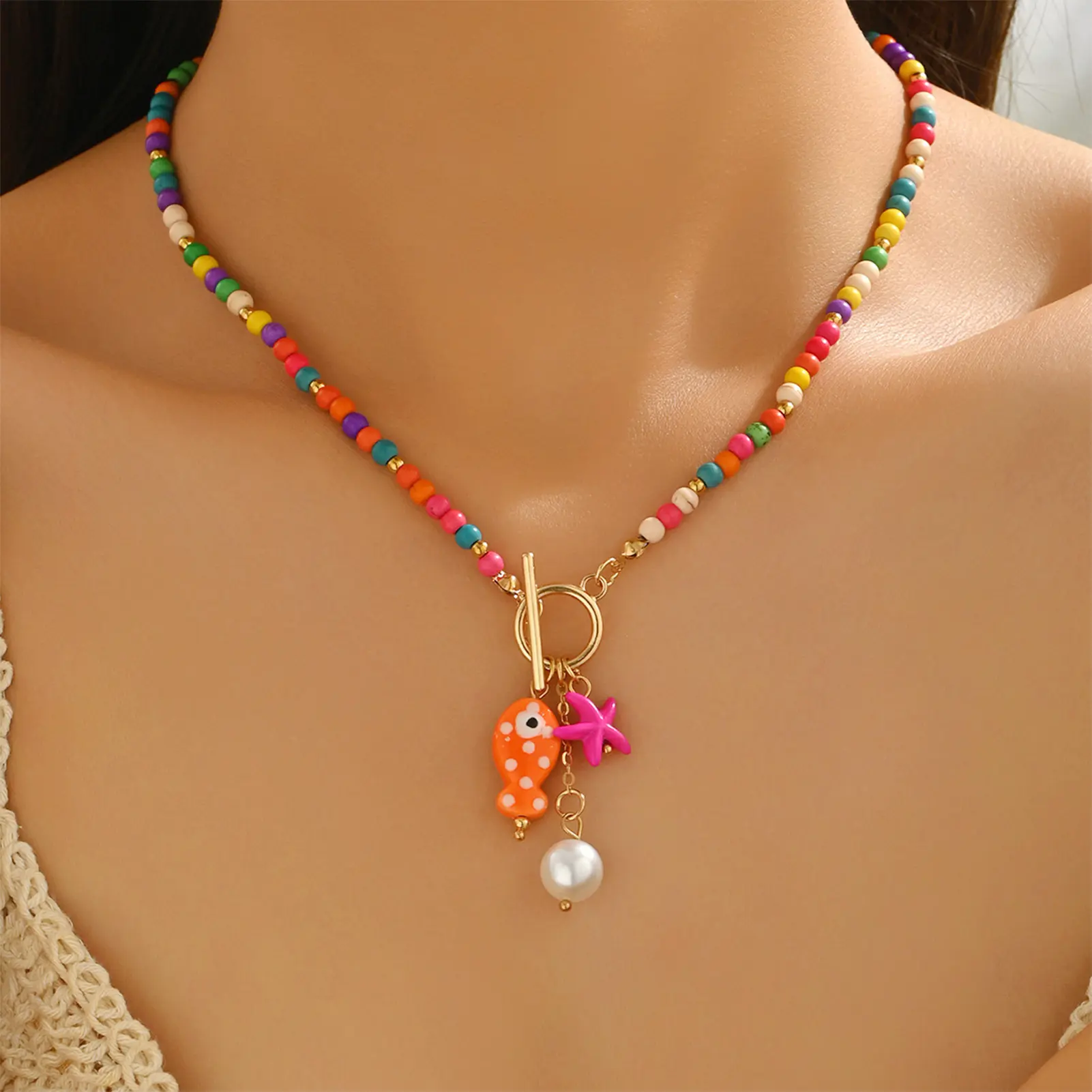 Bohemian Style Bead Necklace Ocean Element Shell Pearl Pendant Neck Chain For Women Summer Beach Trendy Jewelry Clavicle Chain