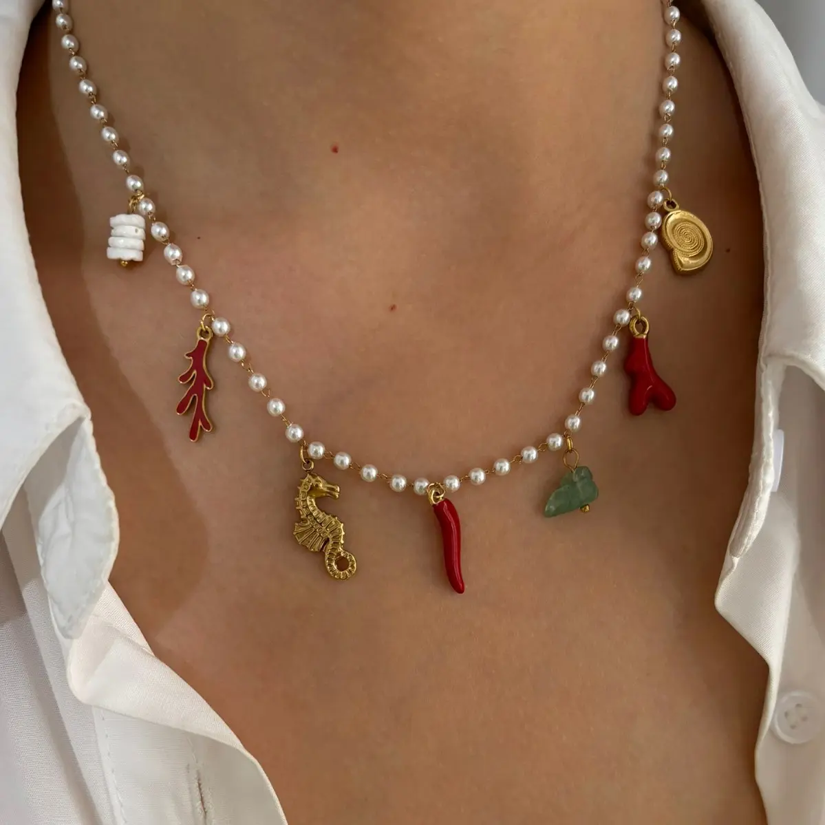 Fashionable Women's Jewelry Necklace Summer Ocean Element Necklace Vintage Matte Metal Necklace Trendy Playful Pearl Body Chain