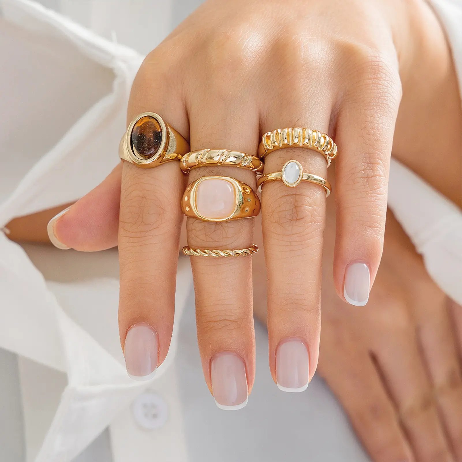 6pcs French Retro Ring For Women Light Luxury Round Droplet Gemstone Ring Summer Outdoor Beach Jewelry Finger Accessories