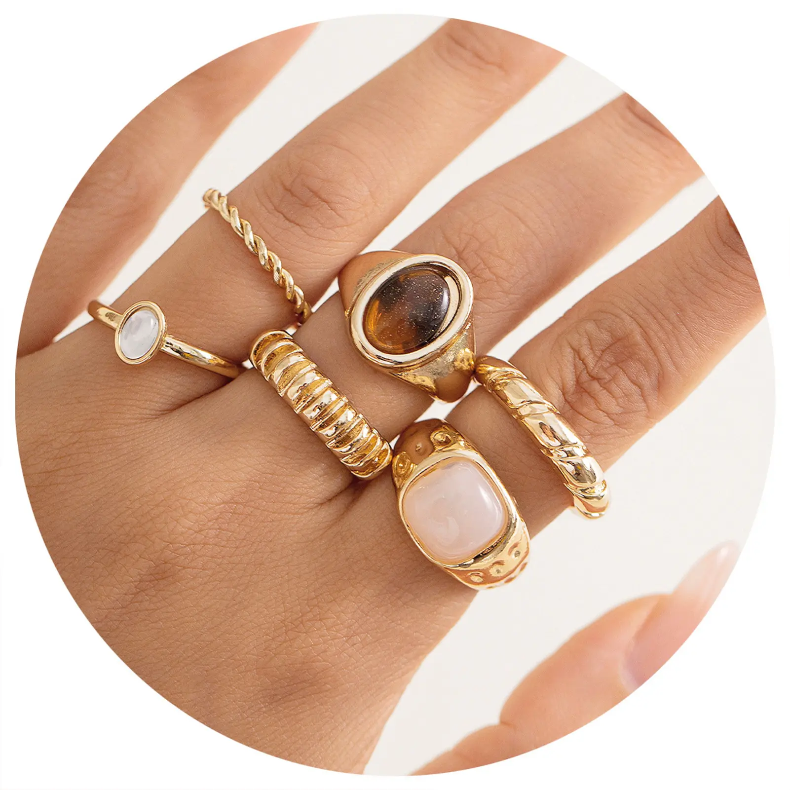 6pcs French Retro Ring For Women Light Luxury Round Droplet Gemstone Ring Summer Outdoor Beach Jewelry Finger Accessories